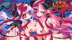 2girls ashmedia ass blue_background breast_press breasts bright_pupils chocolate copyright crown demon_horns demon_tail demon_wings finger_to_mouth green_eyes highres horns large_breasts lavender_hair logo long_hair makai_shin_trillion messy mini_crown multiple_girls naked_ribbon official_art pink_hair pointy_ears red_eyes ribbon ruche slit_pupils smile symmetrical_docking tail venus_symbol very_long_hair wings zankuro 