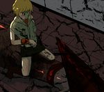  artist_request blonde_hair blood boots cowgirl_position crossover heather_mason lowres miniskirt pyramid_head short_hair silent_hill silent_hill_3 skirt sleeveless solo straddling vest weapon wristband 