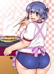  :d apron ass blue_eyes blue_hair blush breasts buruma chopsticks commentary_request fat fat_step-sister_(orizen) fish from_behind grilling gym_uniform half_updo highres large_breasts looking_at_viewer open_mouth original orizen pink_apron plump school_swimsuit short_hair smile solo stove swimsuit thick_thighs thighs 