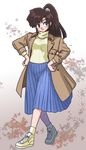  brown_hair coat full_body hands_on_hips kuonji_ukyou leaf long_skirt maple_leaf ponytail ranma_1/2 ribbed_sweater scrunchie shoes skirt sneakers solo sweater turtleneck wanta_(futoshi) 