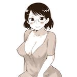  aaaa black_hair blush breasts cleavage covered_nipples dress glasses hair_ornament hairclip highres large_breasts looking_at_viewer monochrome no_bra original short_hair sketch smile solo 