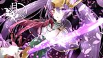  armor blush glowing glowing_eye glowing_sword glowing_weapon highres japanese_clothes katana khibiki long_hair looking_at_viewer open_mouth petals purple_hair puzzle_&amp;_dragons solo sword tsukuyomi_(p&amp;d) weapon yomi_(p&amp;d) 