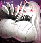  breasts claws dress glowing glowing_eyes horn kantai_collection large_breasts long_hair looking_at_viewer pale_skin red_eyes ribbed_dress seaport_hime shinkaisei-kan solo tokumaro twitter_username upper_body white_hair white_skin 
