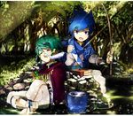  blue_cape blue_eyes blue_hair bucket bucket_of_water cape closed_eyes earrings fish fishing_line fishing_rod headband jewelry multiple_boys nature open_mouth purple_cape puzzle_&amp;_dragons red_earrings river rock smile soran2000 tree umisachi_&amp;_yamasachi_(p&amp;d) 