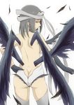  ass bandages bare_back bare_shoulders breasts brown_eyes butt_crack cowboy_shot dangorou_(yushi-art) earrings elbow_gloves feathers from_behind gloves grey_hair grin hand_on_hip iona_(wixoss) jewelry looking_at_viewer looking_back medium_breasts selector_wixoss shiny shiny_skin simple_background smile solo standing thighhighs white_background wings wixoss 