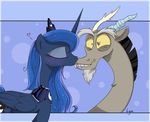  &lt;3 &lt;3_eyes 2015 antlers blue_hair crown discord_(mlp) draconequus equine female friendship_is_magic hair horn kissing lyra-senpai male mammal my_little_pony necklace princess_luna_(mlp) sparkles winged_unicorn wings 