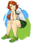  chin_rest contemporary defense_of_the_ancients dota_2 eyebrows freckles full_body green_eyes green_skirt greenmarine highres long_hair looking_at_viewer lyralei nose nose_piercing piercing pleated_skirt red_hair school_uniform serafuku shoes sitting skirt smile sneakers solo 