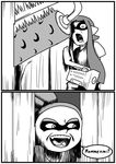  1girl absurdres catchphrase domino_mask fangs greyscale here's_johnny! highres inkling long_hair mask monochrome open_mouth paint_roller parody pointy_ears ponkuta romaji splat_roller_(splatoon) splatoon_(series) splatoon_1 splattershot_jr_(splatoon) super_soaker tentacle_hair the_shining 