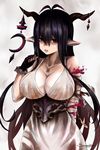  antenna_hair bandaged_arm bandages black_gloves black_hair breasts cleavage crescent danua draph dress fingerless_gloves gloves granblue_fantasy hair_between_eyes highres horn_ornament horns jewelry large_breasts long_hair looking_at_viewer necklace pointy_ears red_eyes senasky solo white_dress 