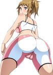 :o ass bare_arms bare_shoulders bike_shorts blue_eyes blush body_blush breasts brown_hair cameltoe from_behind from_below gundam gundam_build_fighters gundam_build_fighters_try hair_ribbon hoshino_fumina large_breasts looking_at_viewer looking_back looking_down one_side_up parted_lips ribbon satsuki_imonet short_hair sideboob simple_background solo spaghetti_strap sportswear standing trefoil white_background 