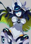  android arms_behind_head blue_eyes breasts code_maya elsword highres large_breasts looking_at_viewer robot simple_background solo waero 