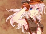  alisa_ilinichina_amiella armpits blue_eyes blush breasts elbow_gloves fingerless_gloves gloves god_eater god_eater_burst hat long_hair md5_mismatch medium_breasts midriff nyucha silver_hair skirt solo underboob 