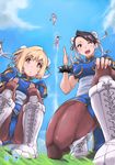  2girls ;) black_hair blonde_hair blue_dress blue_sky blush boots bracelet breasts brown_eyes brown_legwear bun_cover china_dress chinese_clothes chun-li chun-li_(cosplay) clone cloud commentary_request cosplay cross-laced_footwear day djeeta_(granblue_fantasy) double_bun dougi dress earrings eyeliner from_below gran_(granblue_fantasy) granblue_fantasy highres hori_shin jewelry knee_boots lace-up_boots large_breasts makeup multiple_boys multiple_girls one_eye_closed open_mouth pantyhose pelvic_curtain puffy_short_sleeves puffy_sleeves ryuu_(street_fighter) ryuu_(street_fighter)_(cosplay) sash short_hair short_sleeves shouryuuken sky smile spiked_bracelet spikes squatting street_fighter thick_thighs thighs uppercut white_footwear 