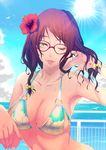  animal armpits bangs bikini bird blue_sky bow breasts cleavage cloud collarbone day dripping eyebrows eyebrows_visible_through_hair flower glasses green_eyes hair_bow hair_flower hair_ornament hand_in_hair hibiscus inugami_mokekiyo large_breasts long_hair looking_at_viewer nail_polish o-ring o-ring_bikini ocean original outdoors parted_lips railing red-framed_eyewear red_flower seagull sky sky_print solo sun swept_bangs swimsuit upper_body wet wet_hair wings yellow_bow 