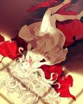  bangs barefoot blonde_hair blue_eyes doll_joints dress dress_removed eyebrows eyebrows_visible_through_hair flower hair_down half-closed_eyes long_hair looking_at_viewer lowe_(slow) lying on_back red_dress rose rozen_maiden shade shinku solo upside-down very_long_hair white_dress white_hair window_shade 