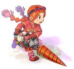  alternate_weapon braid capelet child drill full_body gloves goggles goggles_on_head gurumin long_sleeves lowres orange_hair oversized_zipper parin power_drill power_tool running shadow solo stupa13a twin_braids weapon white_background 