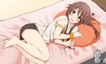  bare_legs barefoot bed beer_can blush brown_hair can commentary_request green_eyes hair_ornament hairclip himekawa_yuki idolmaster idolmaster_cinderella_girls kotaro long_hair looking_at_viewer lying on_side open_mouth pillow solo squiggle wristband 
