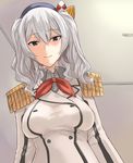  bad_id bad_twitter_id blue_eyes breasts epaulettes from_below grey_hair hat kantai_collection kashima_(kantai_collection) kerchief large_breasts looking_at_viewer ogros smile solo tsurime twintails wavy_hair 
