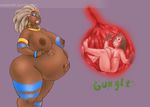  2014 belly big_breasts bodypaint breasts dark_skin dreadlocks ebony eyes_closed female giant gold_(metal) human internal jewelry male mammal nipples nude simple_background size_difference smile soft_vore stomach vore weasselk wide_hips 