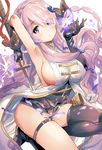  arm_up armpits belt black_gloves black_legwear blue_eyes boots braid breasts bug butterfly demon_horns draph elbow_gloves gloves granblue_fantasy hair_ornament hair_over_one_eye holding holding_sword holding_weapon horns insect katana large_breasts lavender_hair long_hair mismatched_gloves narmaya_(granblue_fantasy) one_knee pointy_ears scabbard sheath sideboob single_braid single_thighhigh solo sword tetsujin_momoko thigh_strap thighhighs unsheathed very_long_hair weapon 