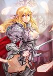  armor ass blonde_hair breasts cape cleavage elf feathers gorget green_eyes helmet highres jewelry large_breasts long_hair looking_to_the_side original pauldrons pointy_ears rain_yoo solo_focus standard_bearer sword weapon 