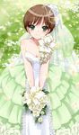  bouquet bridal_veil brown_hair dress flower green_eyes myutsusama rebecca_chambers resident_evil resident_evil_0 short_hair solo veil wedding_dress 