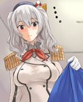  1girl bad_id bad_twitter_id blanket blue_eyes blush breasts epaulettes from_below gloves grey_hair hat kantai_collection kashima_(kantai_collection) kerchief large_breasts lifting_covers looking_down ogros solo tsurime twintails wavy_hair white_gloves 