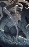  ass blue_eyes bodysuit breasts cape gloves glowing glowing_eyes hat headgear heterochromia highres kantai_collection long_hair looking_back medium_breasts pale_skin shaft_look shinkaisei-kan silver_hair sitting solo teeth tentacles undeedking wo-class_aircraft_carrier yellow_eyes 