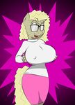  aged_down americananomaly_(artist) anthro big_breasts blonde_hair blush breast_expansion breasts butt clothed clothing equine fan_character female fur hair horn horse huge_breasts mammal my_little_pony open_mouth pony sauer_kraut_(character) simple_background smile solo tongue unicorn young 