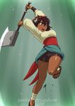  ajna_(indivisible) ankle_wrap axe bike_shorts bracelet brown_eyes brown_hair commentary daniel_macgregor dark_skin indivisible jewelry leg_up open_mouth sandals short_hair solo weapon 