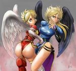  amon_(artist) angel_wings ass black_wings blonde_hair blush boots breasts breath_of_fire breath_of_fire_ii bridal_gauntlets dress green_eyes knee_boots large_breasts large_wings legs leotard long_hair long_legs multiple_girls nina_(breath_of_fire_i) nina_(breath_of_fire_ii) no_panties red_leotard side_slit sidelocks thigh_boots thighhighs thighs wings 