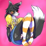  anthro blush canine clothed clothing crossdressing fox fur girly grey_fur legwear looking_at_viewer lovespell male mammal one_eye_closed panties pink_background simple_background sitting smile socks solo underwear 