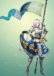  armor armored_boots armored_dress belt boots breasts choker cleavage closed_eyes full_body greatsword greaves highres medium_breasts original pauldrons plate_armor polearm profile purple_hair sabaton sevengreen shield short_hair solo standard_bearer standing sword weapon 