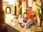  2girls blonde_hair braid cookie copyright_name dress eating entrance flower flower_pot food gloves goggles goggles_on_head gurumin march may_(tea-break) multiple_girls orange_hair outdoors oversized_clothes oversized_zipper parin pino_(gurumin) plant potted_plant shop skirt sunlight town trash_can twin_braids 