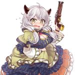  &gt;:( ahoge bangs blush breasts camieux capelet chan_co cleavage draph dress frills frown granblue_fantasy green_eyes gun holding holding_gun holding_weapon horns large_breasts long_hair low_twintails nose_blush open_mouth silver_hair simple_background solo tears twintails v-shaped_eyebrows weapon white_background 