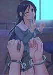  aragaki_ayase black_hair blue_eyes cuffs finger_to_mouth handcuffs kumatsugawa long_hair ore_no_imouto_ga_konna_ni_kawaii_wake_ga_nai pov school_uniform 