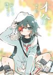  cape commentary_request eyepatch green_eyes green_hair hat jpeg_artifacts kantai_collection kiso_(kantai_collection) leaf maple_leaf pauldrons remodel_(kantai_collection) school_uniform serafuku sitting skirt sodapop_(iemaki) solo sweater translation_request 