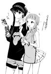  1girl androgynous bracelet candy cellphone dress food greyscale hat jewelry lollipop long_hair loose_clothes loose_shirt monochrome mukuro_(sakiyo_cake) necklace open_mouth original otoko_no_ko phone pleated_dress ring sakiyo_cake shirt short_hair shorts simple_background skirt smile translation_request white_background 