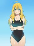  ahoge blonde_hair blue_background competition_swimsuit gradient gradient_background green_eyes highres hoshii_miki idolmaster idolmaster_(classic) kagemusha long_hair one-piece_swimsuit smile solo standing swimsuit thigh_gap 
