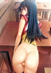  absurdres anus ass bent_over black_legwear blush bottomless brown_eyes commentary_request from_above highres long_hair looking_at_viewer looking_back pussy saotome_rei shirt smile solo table thighhighs ts422 uncensored yuu-gi-ou yuu-gi-ou_gx 