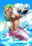  ;d arm_behind_head arm_up armlet armpits bangs bikini bikini_tan bikini_top blue_eyes blue_nails bottomless breasts chain_belt circlet cleavage cloud commentary_request day fins from_side full_body gem gradient gradient_hair green_hair happy harp head_fins highres instrument jewelry kirbystars large_breasts lifted_by_self long_hair looking_at_viewer mermaid micro_bikini monster_girl multicolored_hair nail_polish navel neck_ring ocean one_eye_closed open_mouth outdoors scales sideboob sirenetta_(wonderland_wars) sky smile solo strap_gap strap_lift string_bikini striped striped_bikini swimsuit tail tail_ornament tan tanline twitter_username water wet wonderland_wars wristband 