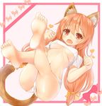  animal_ears ass bare_legs barefoot breasts brown_eyes brown_hair cat_ears cat_tail crop_top feet frame full_body heart long_hair lying medium_breasts midriff navel no_bra on_back open_mouth original shiron_(e1na1e2lu2ne3ru3) short_shorts shorts soles solo tail tears toes twintails underboob very_long_hair 