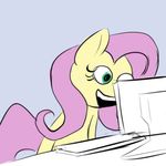  computer equine female fluttershy_(mlp) friendship_is_magic happy horse mammal my_little_pony open_mouth pony simple_background smile solo tagme 