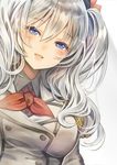  ascot bangs blue_eyes breasts eyelashes hair_ornament hat kantai_collection kashima_(kantai_collection) large_breasts lips madogawa military military_jacket military_uniform shirt silver_hair smile solo taut_clothes taut_shirt tsurime twintails uniform wavy_hair 