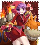  ass breasts camerupt eruption fake_horns fighting_stance gen_3_pokemon gloves heart horned_headwear kagari_(pokemon) looking_at_viewer medium_breasts open_mouth pokemoa pokemon pokemon_(creature) pokemon_(game) pokemon_oras purple_eyes purple_hair ribbed_sweater short_hair sweater team_magma uniform 