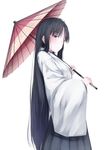  bad_id bad_pixiv_id black_hair grey_eyes hakama highres japanese_clothes kantai_collection kimono long_hair long_sleeves looking_at_viewer oriental_umbrella rerrere shouhou_(kantai_collection) smile solo umbrella very_long_hair wide_sleeves 