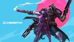  1girl artstation_sample bodysuit breasts center_opening dual_wielding gun head_mounted_display highres hoi_mun holding hood image_sample large_breasts long_hair overwatch pink_bodysuit ponytail purple_hair purple_skin reaper_(overwatch) rifle sniper_rifle very_long_hair visor weapon widowmaker_(overwatch) yellow_eyes 