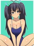  alternate_hairstyle antenna_hair black_hair blue_eyes breast_squeeze breasts competition_school_swimsuit ganaha_hibiki highres idolmaster idolmaster_(classic) indian_style kagemusha large_breasts long_hair one-piece_swimsuit school_swimsuit sitting solo swimsuit twintails v_arms 