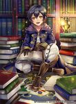  bangs black_gloves black_hair book book_stack bookshelf boots brown_footwear buttons commentary_request company_name fire_emblem fire_emblem:_kakusei fire_emblem_cipher full_body gloves hood hood_down hooded_jacket jacket lantern light_particles long_sleeves looking_at_viewer male_focus mark_(fire_emblem) mark_(male)_(fire_emblem) matsurika_youko official_art on_floor open_book open_mouth pants purple_jacket sitting smile star watermark white_pants yellow_eyes 