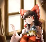  book broom brown_eyes brown_hair chair character_doll detached_sleeves expressionless fen_zuo hair_ribbon hair_tubes hakurei_reimu hand_up highres indoors kirisame_marisa knees_to_chest looking_to_the_side ribbon shelf short_hair sitting solo touhou window 